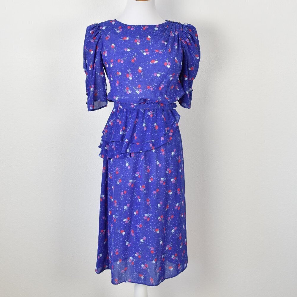 80's Vintage Floral Belted Peplum Formal Dress - 4 - Picture 2 of 13